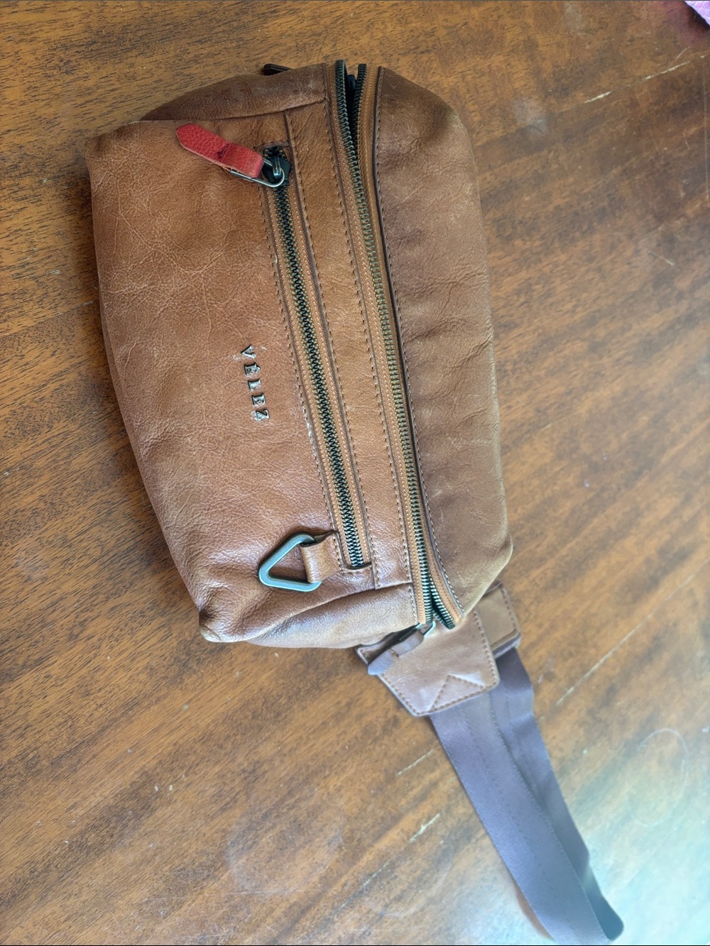 VELEZ Leather Brown Belt Bag with Red Zip Pull